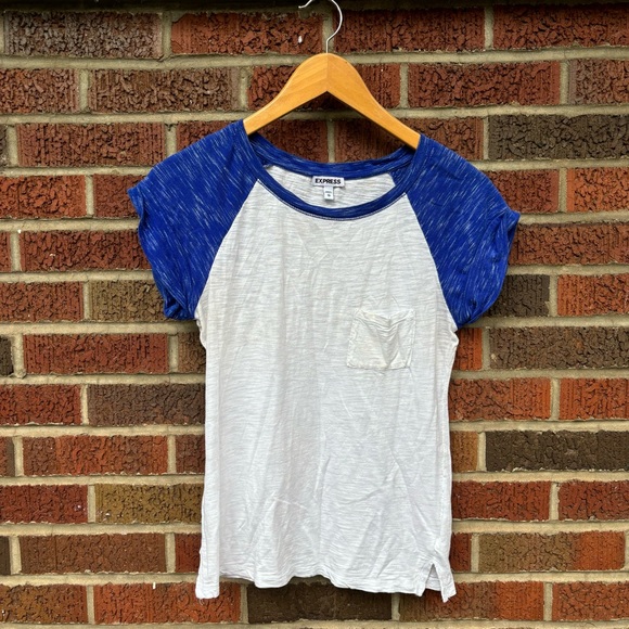 Express White and Blue Marled Baseball Tee Short Sleeve Ringer Tee Shirt - Picture 1 of 5